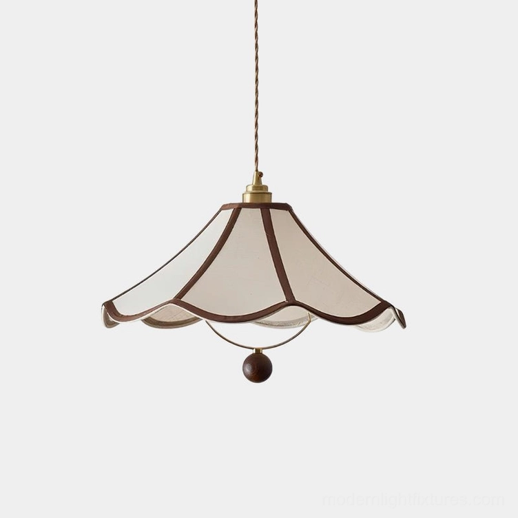 Scalloped vintage pendant light with beige fabric shade and brown trim, front view on white background