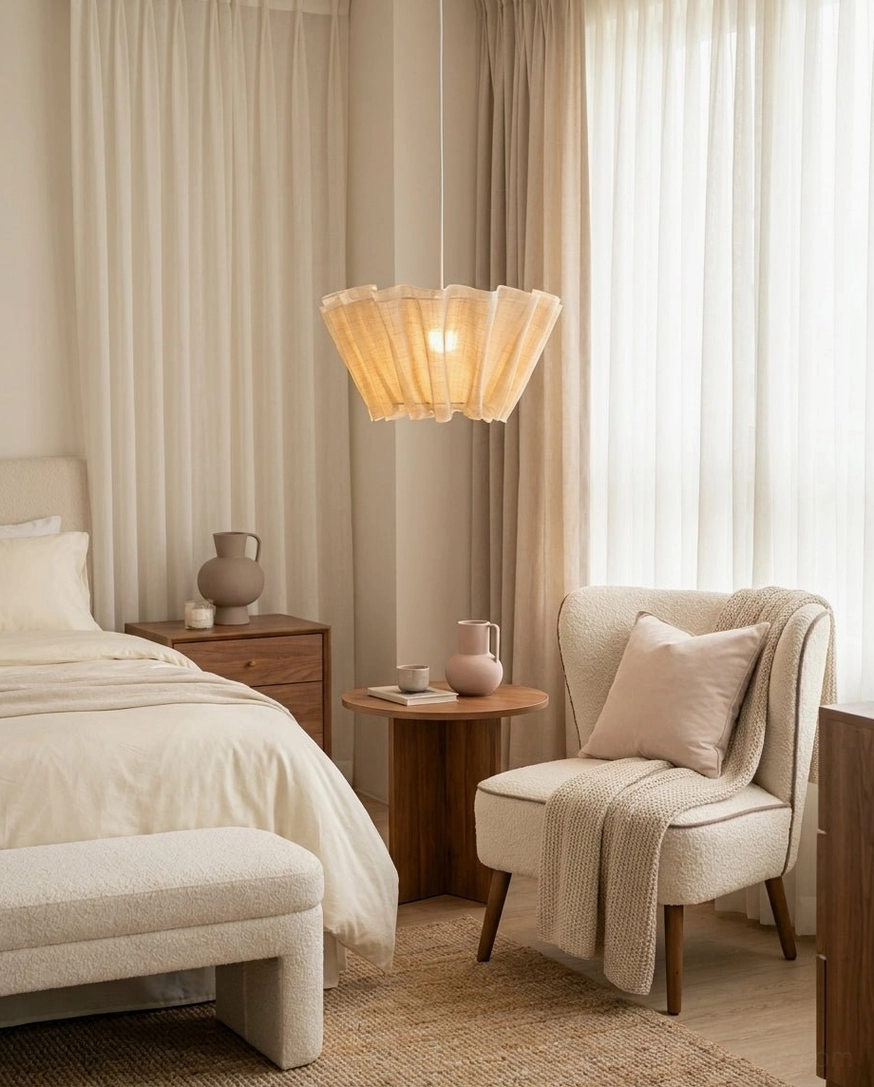 Scallora woven natural fiber pendant hanging in bedroom sitting area, tranquil neutral decor, soft textured glow for intimate space