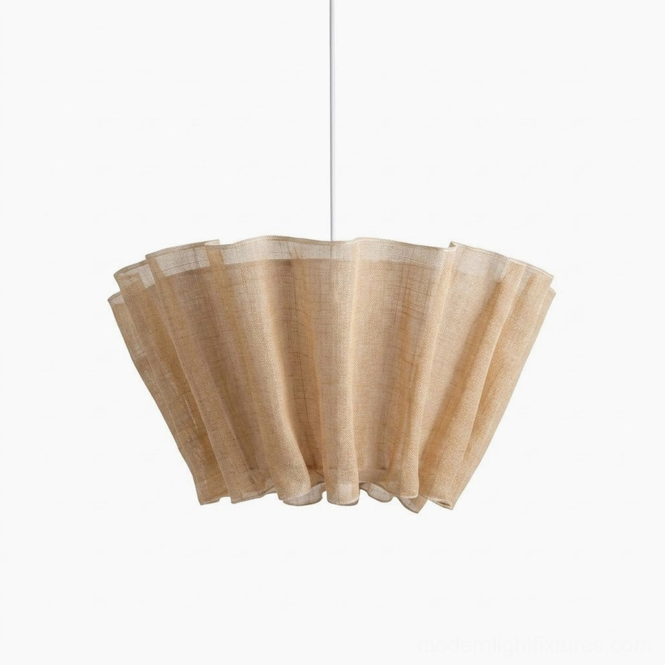 Scallora woven natural fiber pendant light beige neutral color shade, draped fluted form on metal frame, lifestyle product shot