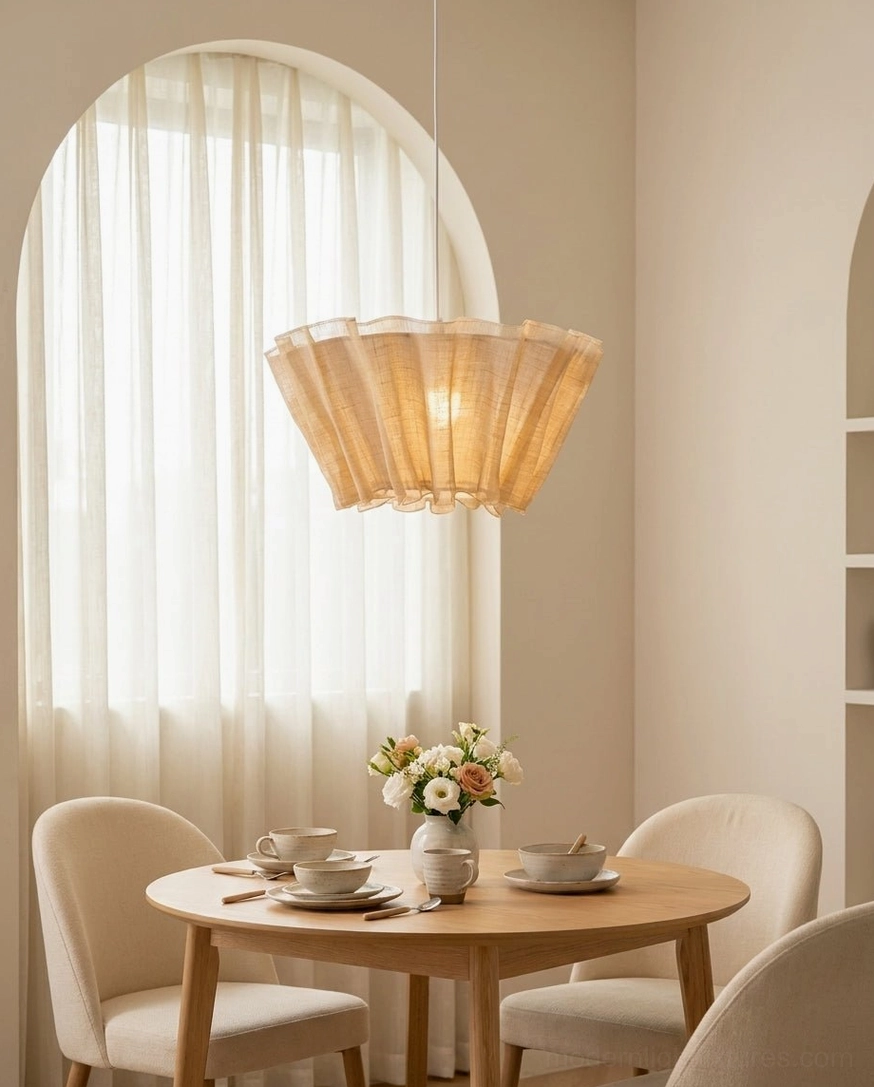 Scallora hanging pendant light over dining table with arch window, warm neutral minimalist interior, light wood furniture pairing