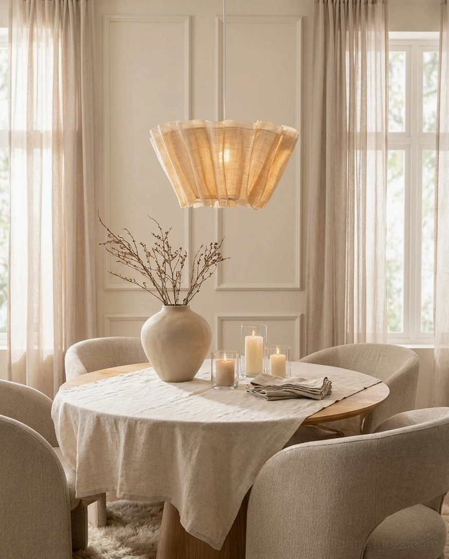 Scallora hanging over formal dining table with linen table cover, elegant neutral interior design, soft layered pendant light ambiance