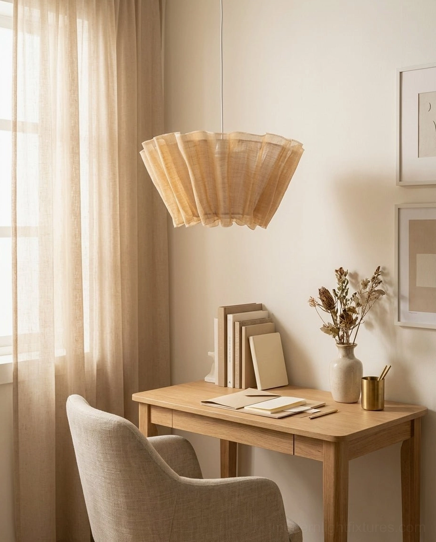 Scallora woven fiber pendant light side view in home study nook workspace, warm neutral lighting for reading and creative work