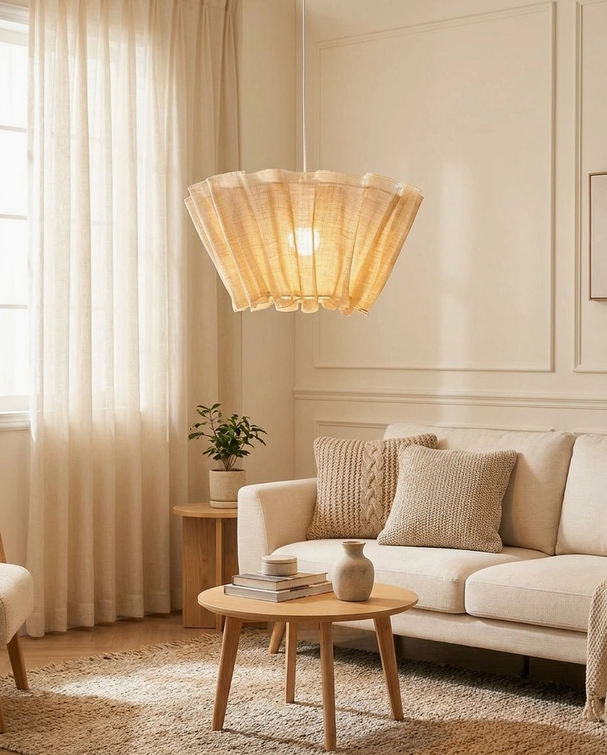 Scallora scalloped pendant light in family living room with beige sofa, modern farmhouse style ambient lighting fixture