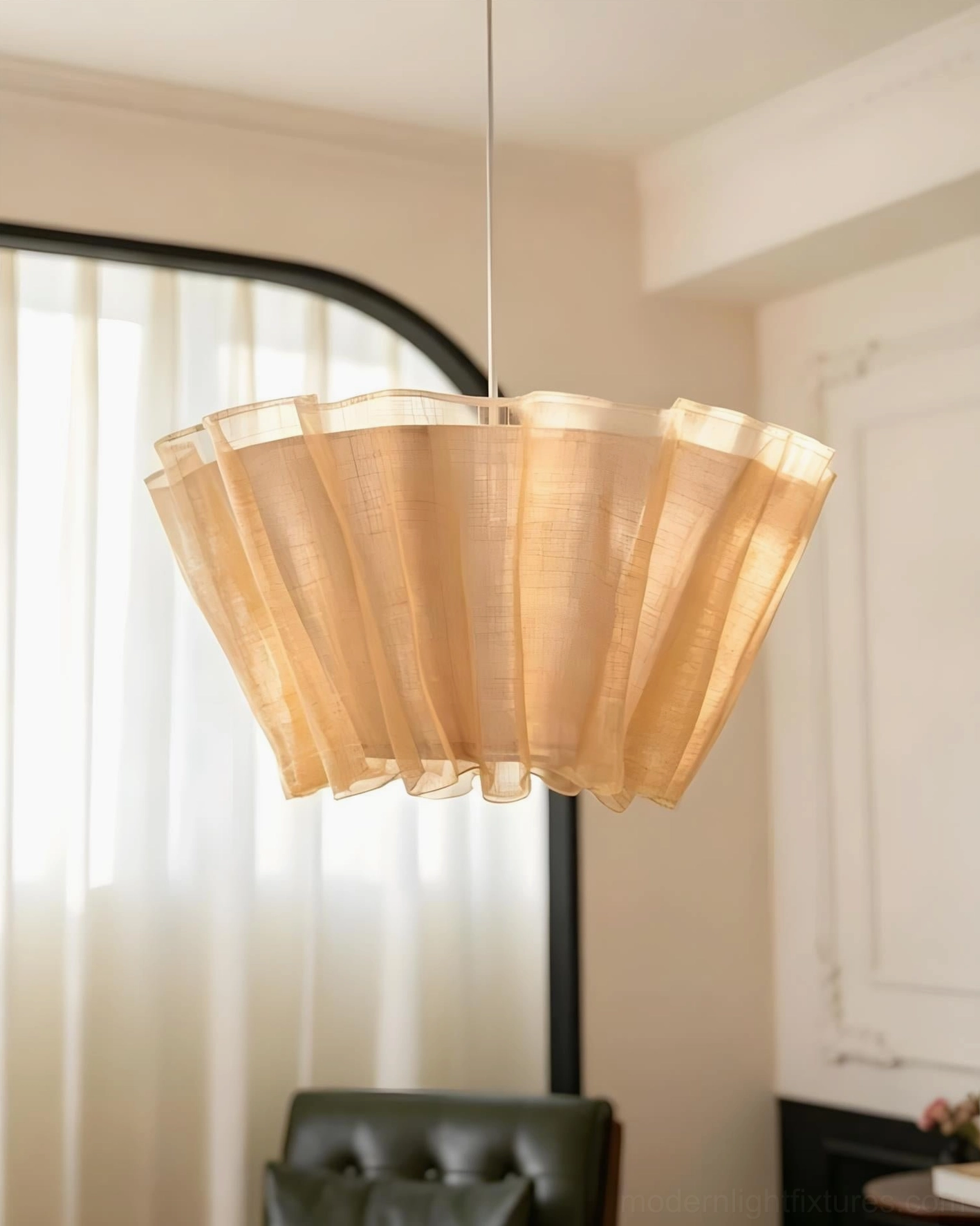 Scallora scalloped woven natural fiber shade materials close-up showing plant fiber fabric weave texture and hand-draped construction