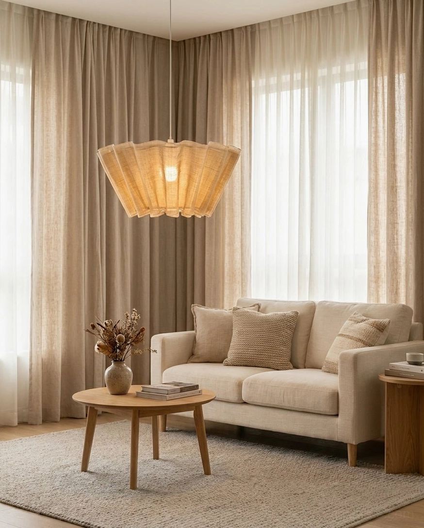 Scallora woven natural fiber pendant light shade detail showing scalloped draped flutes, open weave texture, close-up product view