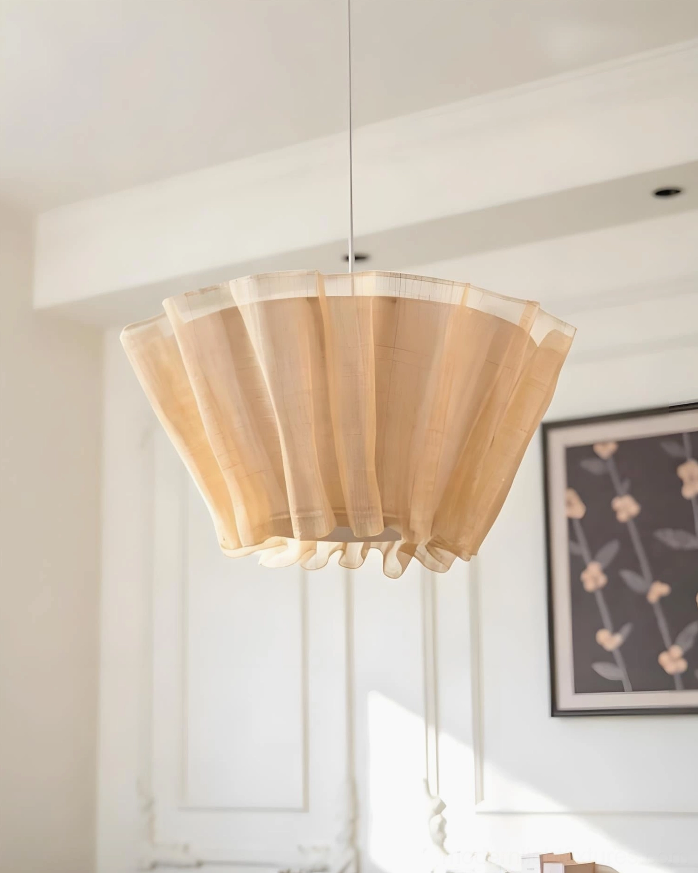 Scallora woven fiber pendant specifications diagram showing E27 bulb socket, adjustable cord drop, hardwired ceiling mount details