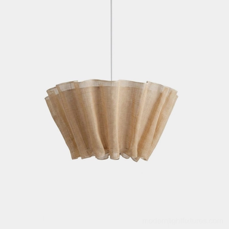 Scallora scalloped woven natural fiber pendant light with draped fluted shade, front studio view showing texture and weave detail, beige neutral tone