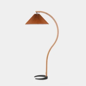 Scandinavian arc floor lamp with pleated linen shade and natural beech wood base, front studio view