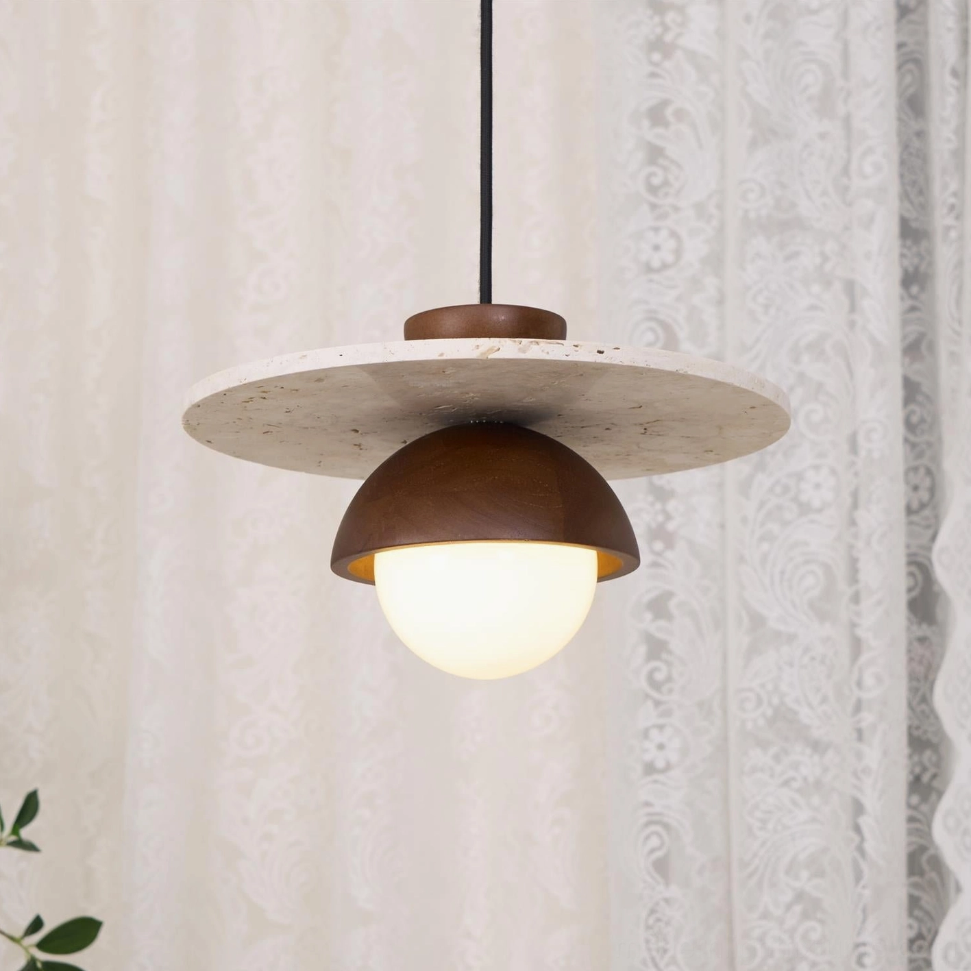Scandinavian design pendant light with travertine material and soft frosted glass diffuser