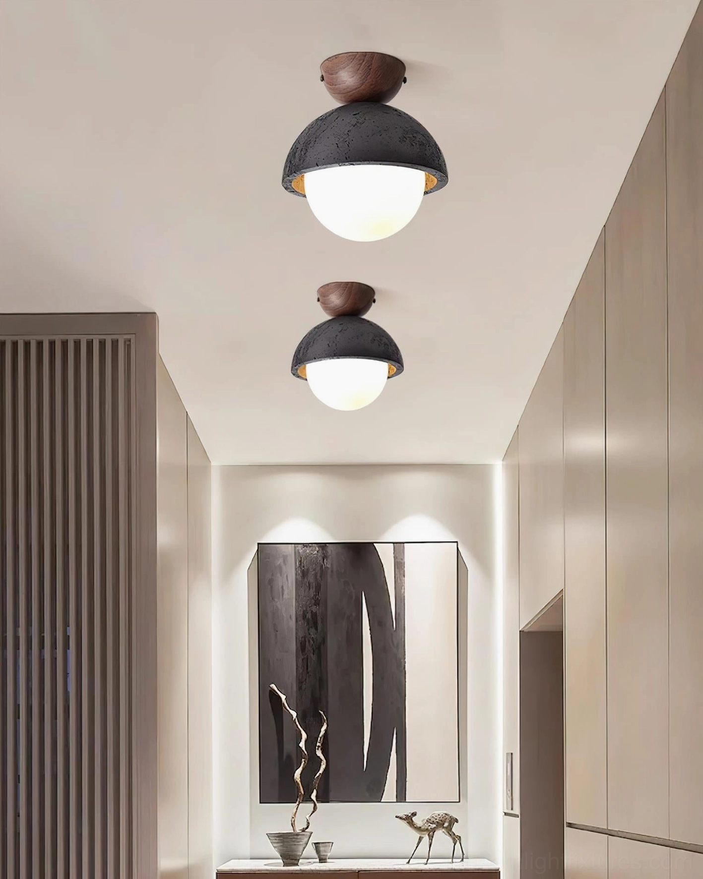 Travertine dome ceiling light in scandinavian entryway with neutral warm decor