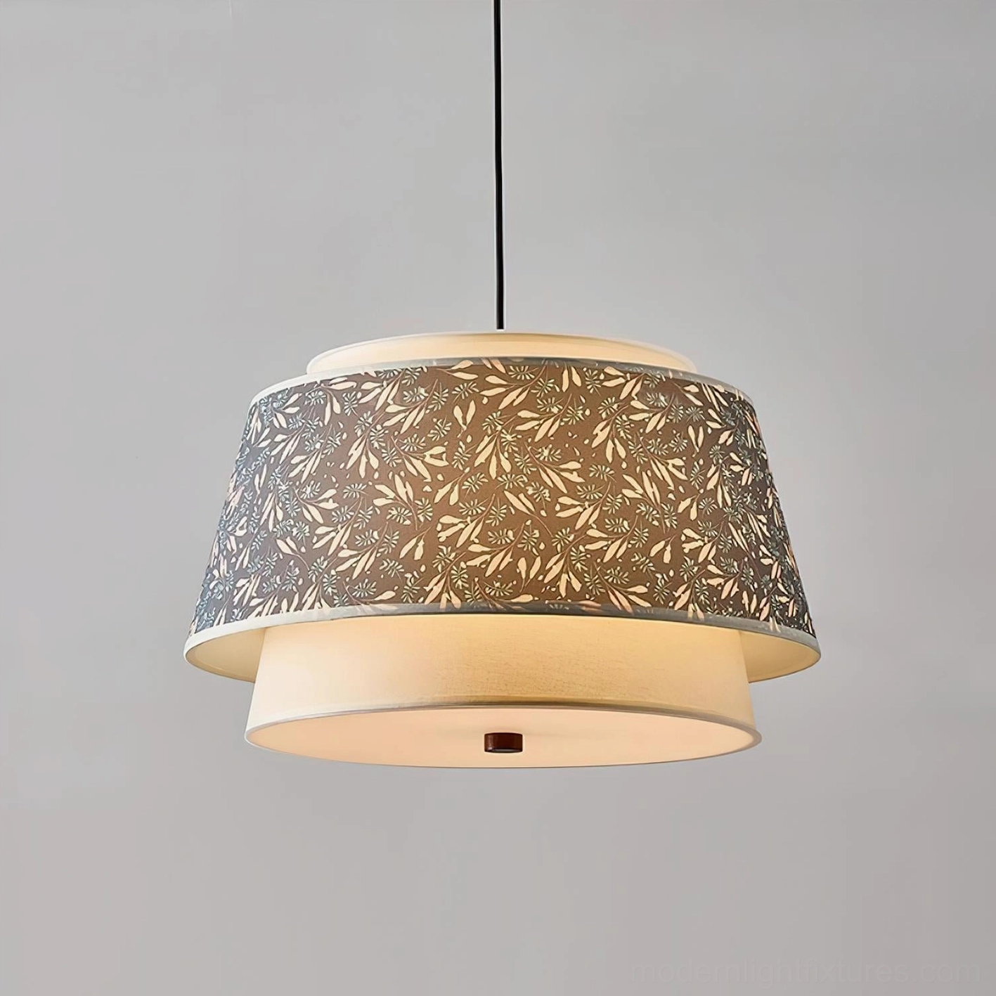 Scandinavian fabric pendant light with botanical print detail layered shade construction