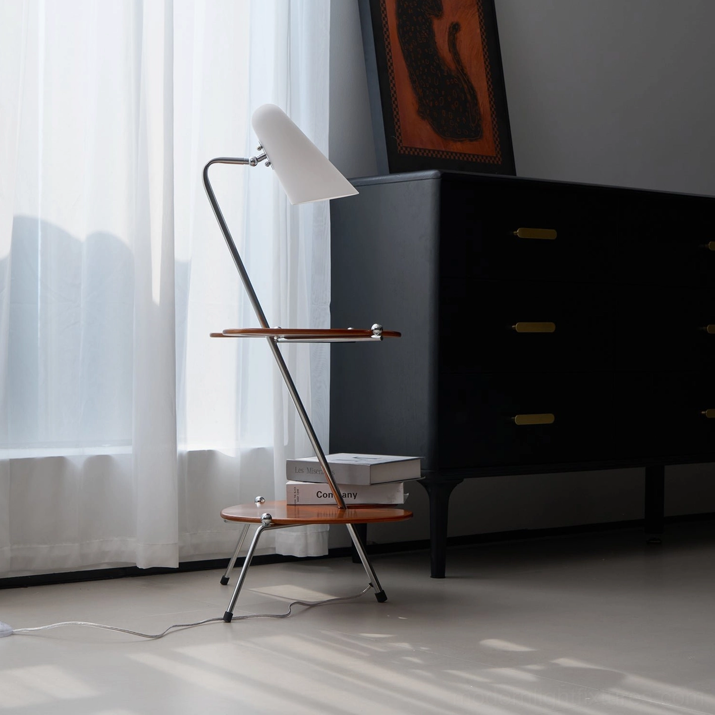 Scandinavian-style floor lamp with natural wood tones and minimalist chrome frame in Nordic interior design