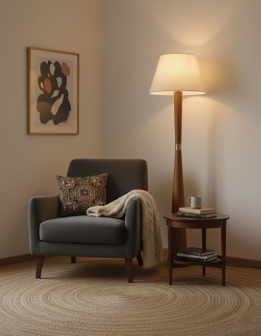 Modern Scandinavian wooden floor lamp positioned in living space with warm lighting and minimalist aesthetic