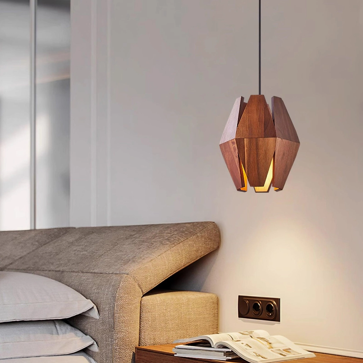 Geometric wood pendant light suspended as focal point in Scandinavian interior design