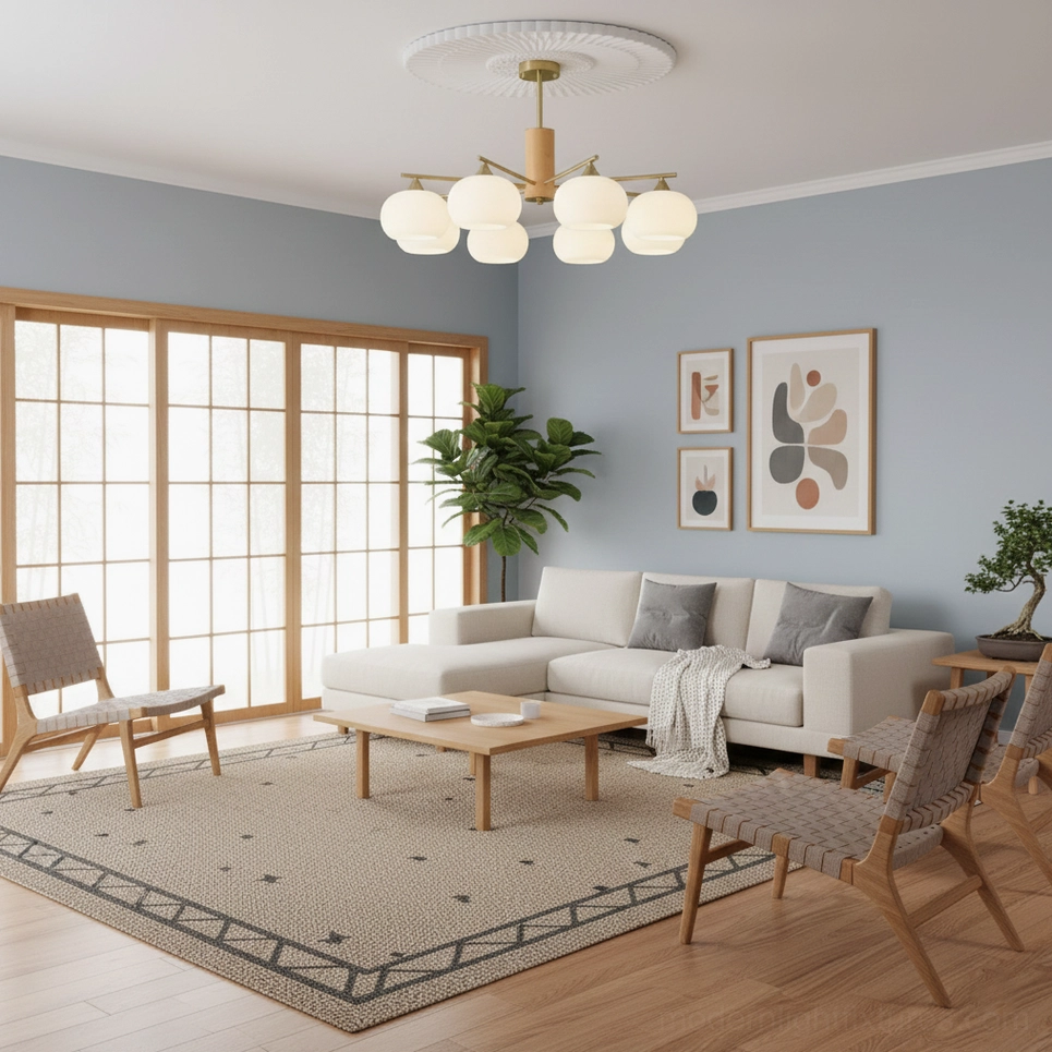 Gino glass chandelier 5-head configuration with wooden frame in scandinavian interior design
