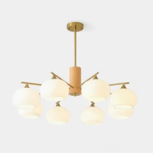 8-head scandinavian glass pendant chandelier with wooden brass frame and opal white shades studio view