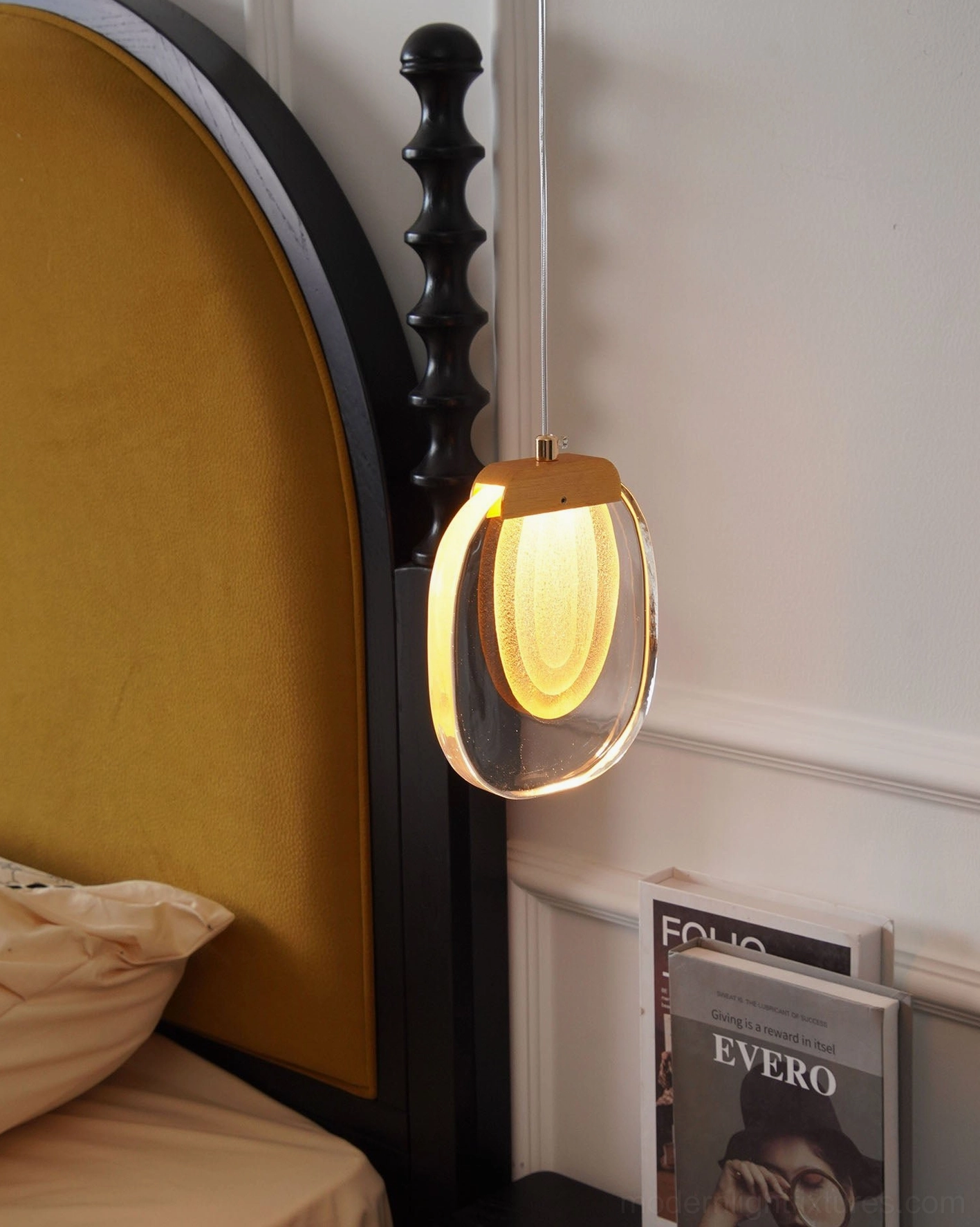 Glass ripples pendant light fixture in Nordic minimalist style bedroom setting
