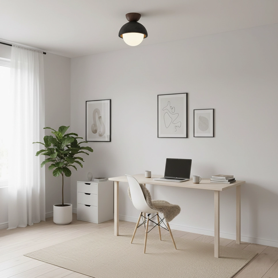 Travertine ceiling light illuminating scandinavian home office workspace