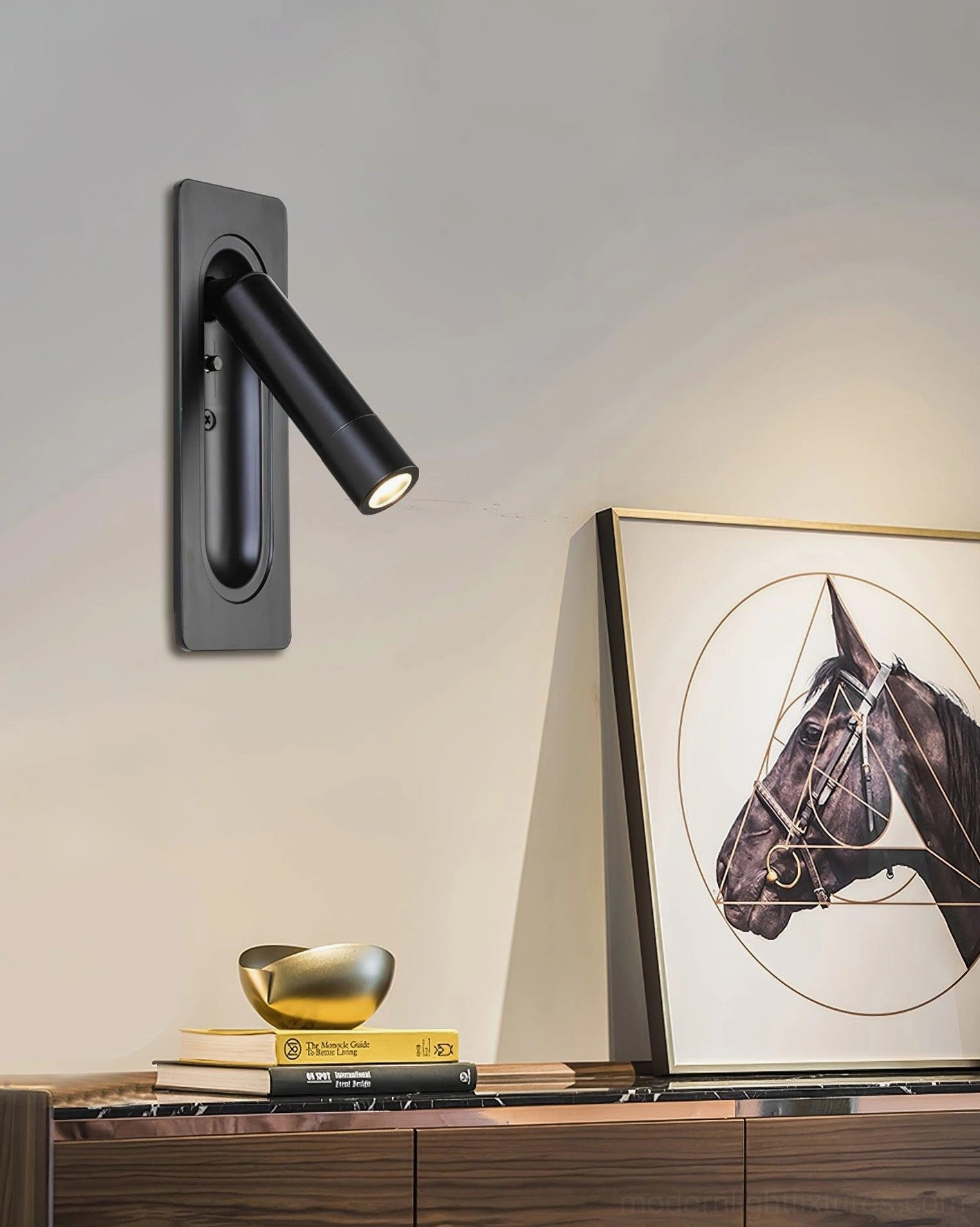 Interior design showcase of modern wall-mounted reading lamp complementing Scandinavian and industrial bedroom styles