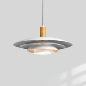 Scandinavian modern pendant lamp three-quarter angle showing matte white and silver metal shades with wood grain joint detail