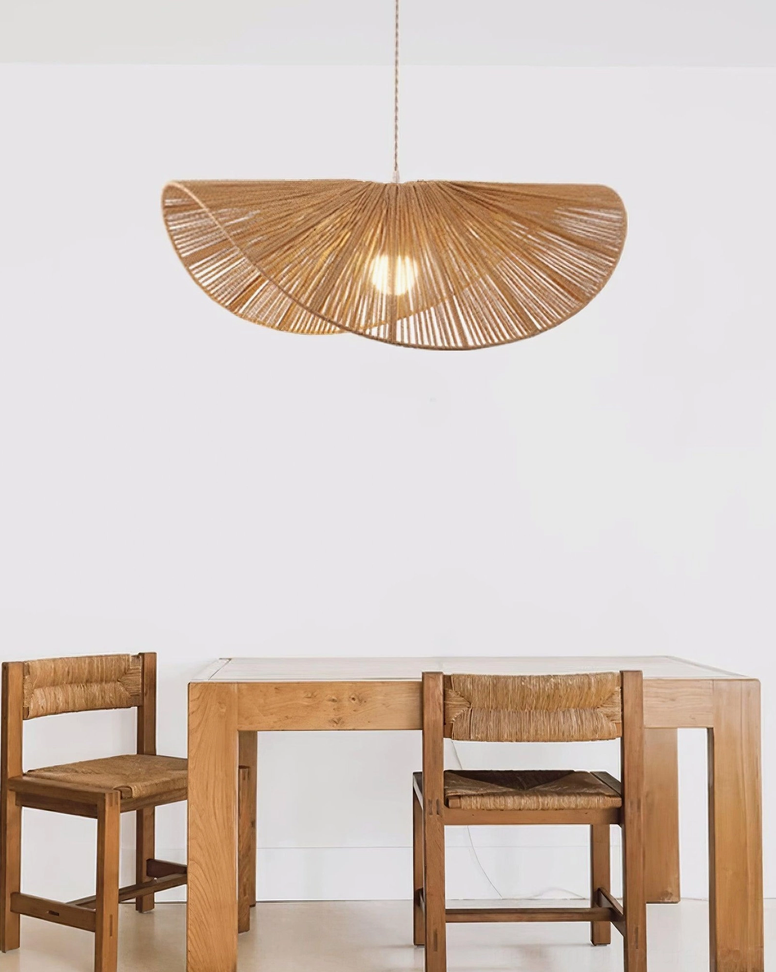 Neutral beige woven hemp rope straw hat pendant light in Scandinavian minimalist home design