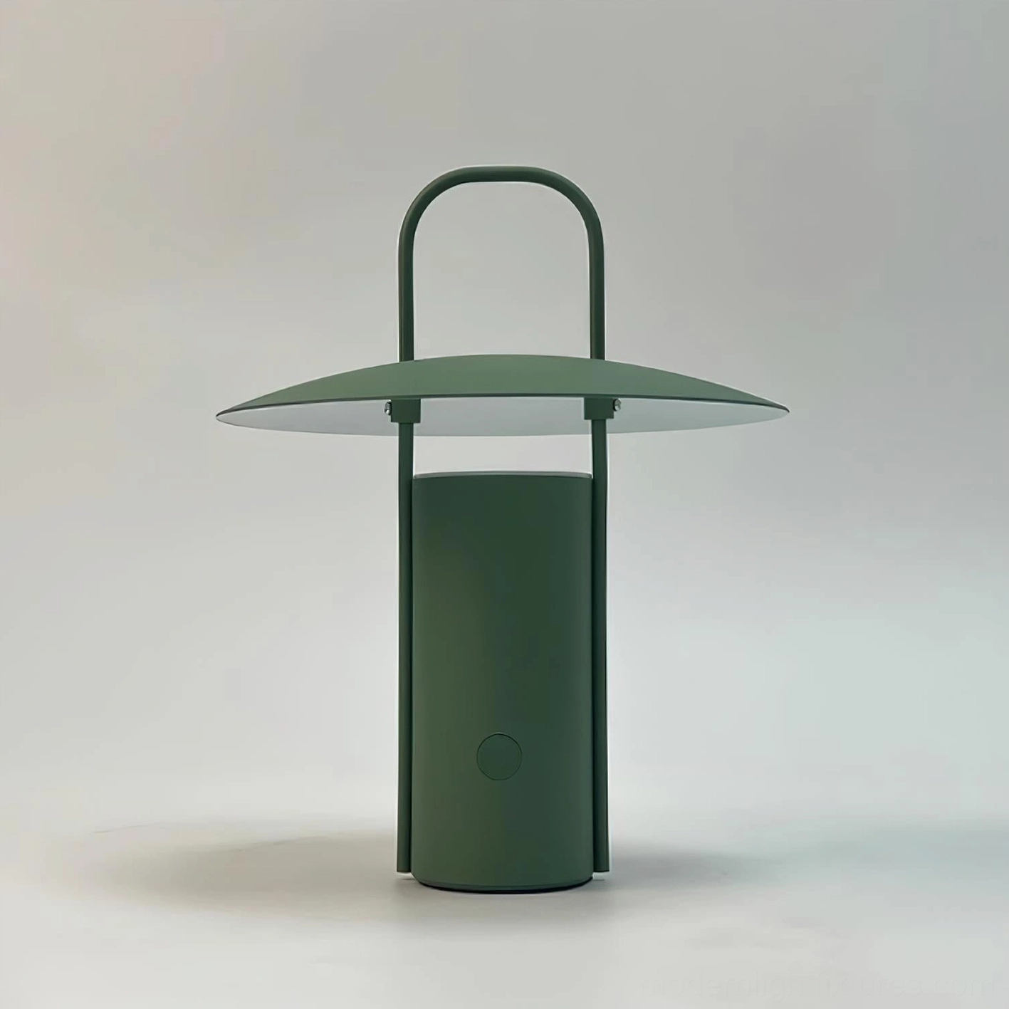 Minimalist Nordic style LED table lamp showcasing geometric cylindrical form and curved canopy design