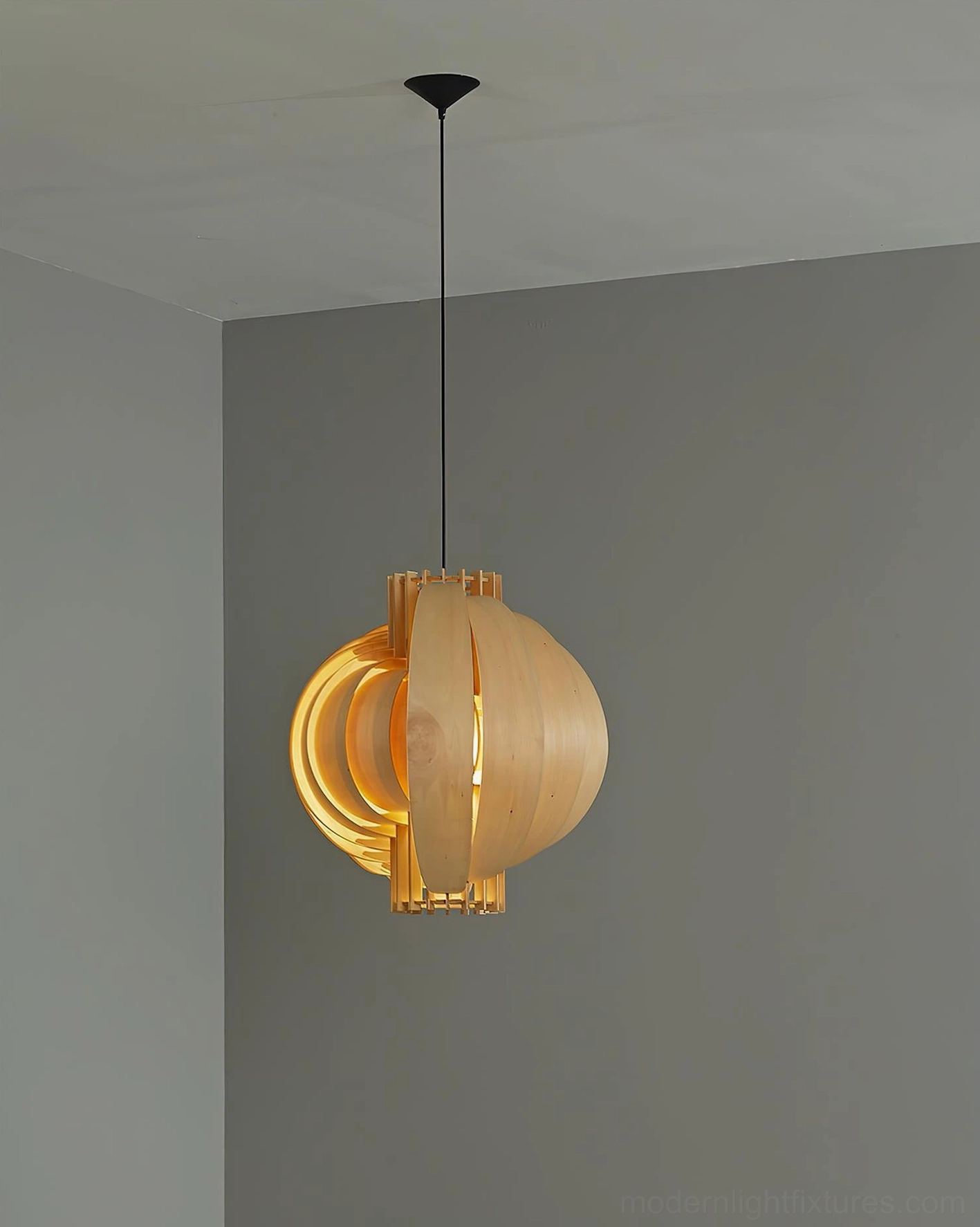Natural wood finish pendant lamp with light beige tone complementing scandinavian minimalist interior design