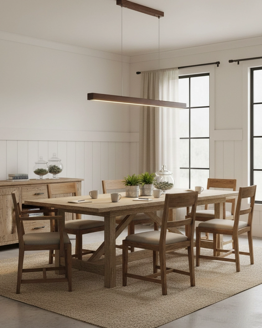 Scandinavian modern linear pendant light above kitchen counter showcasing minimalist design and architectural lighting