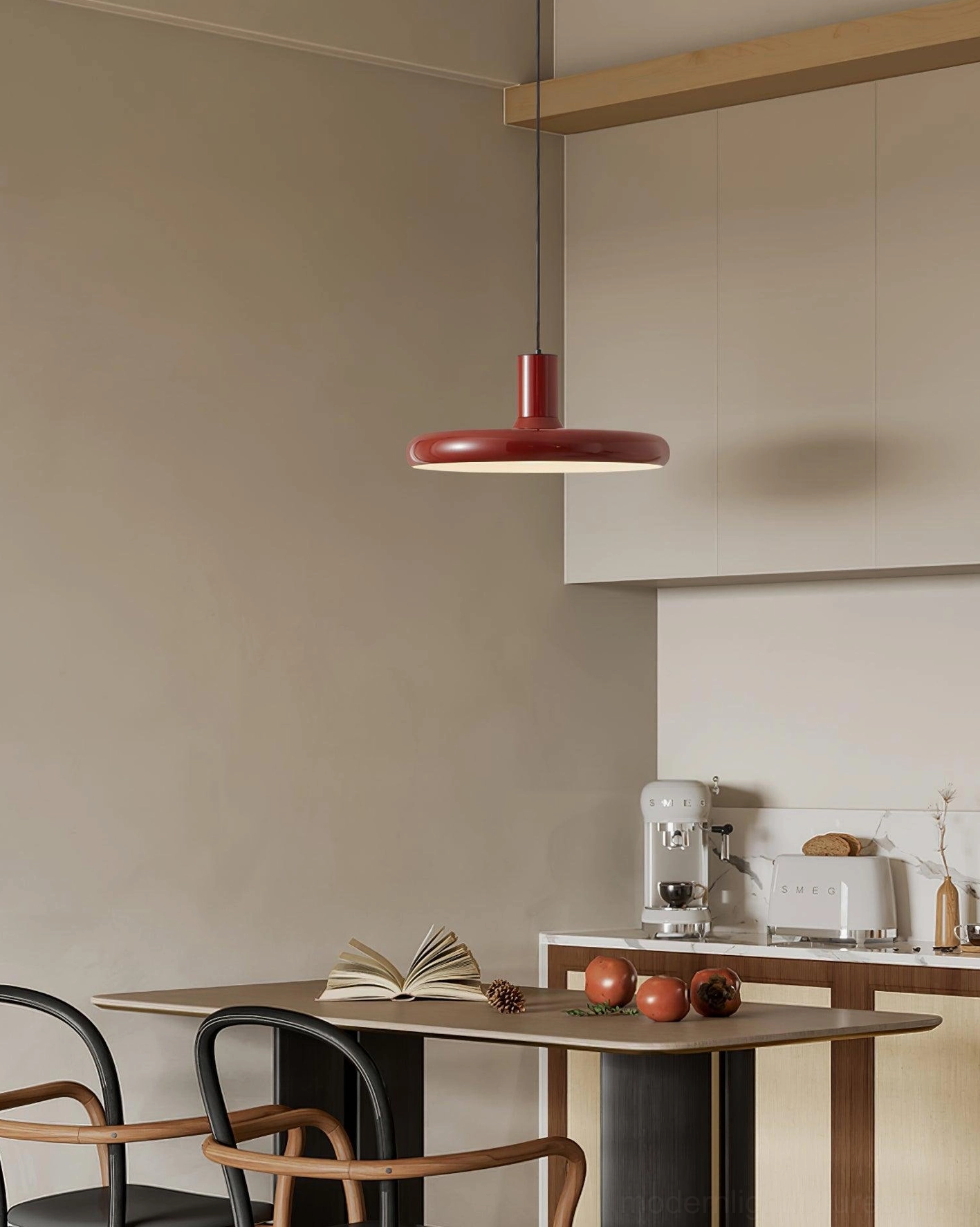 Red disc pendant light Scandinavian minimalist style monochromatic interior