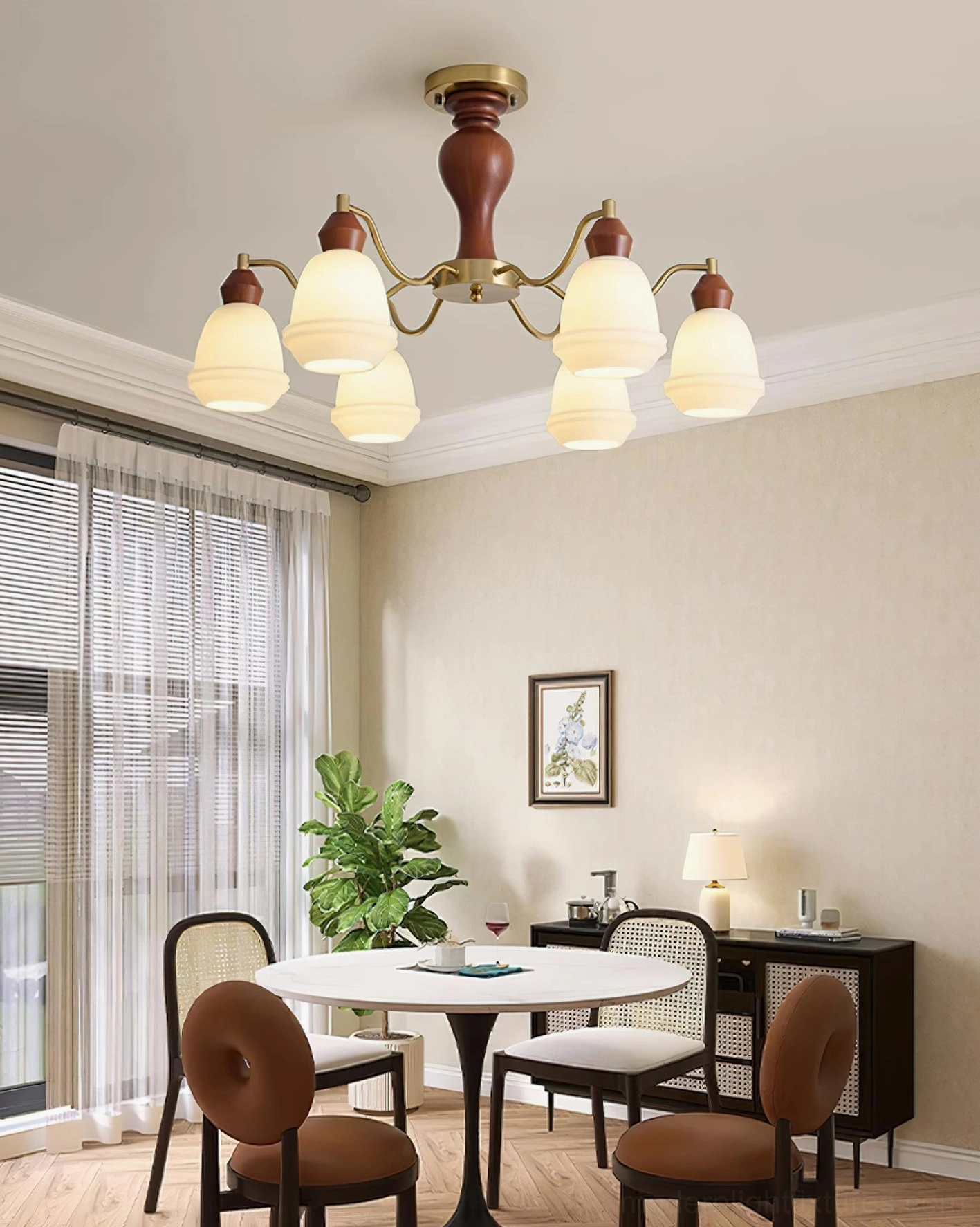 Scandinavian-inspired modern wood pendant chandelier with frosted glass