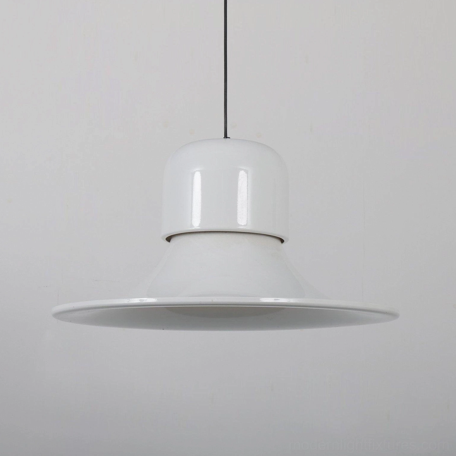 Scandinavian bell-shaped pendant lamp detail showing glossy metal finish and design
