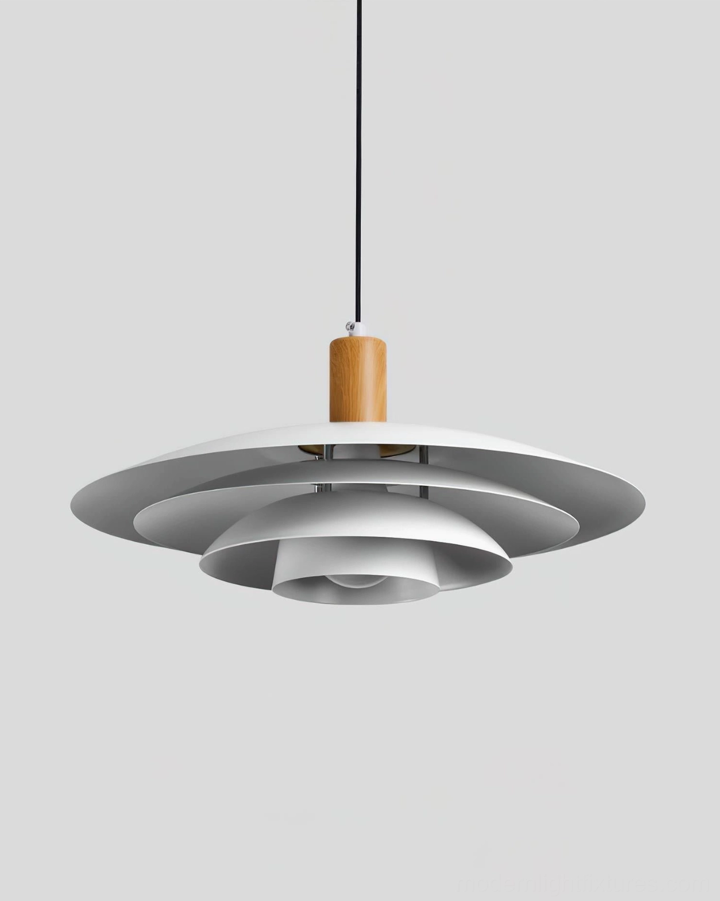 Scandinavian pendant lamp front view featuring matte grey and white layered metal shades with natural wood accent