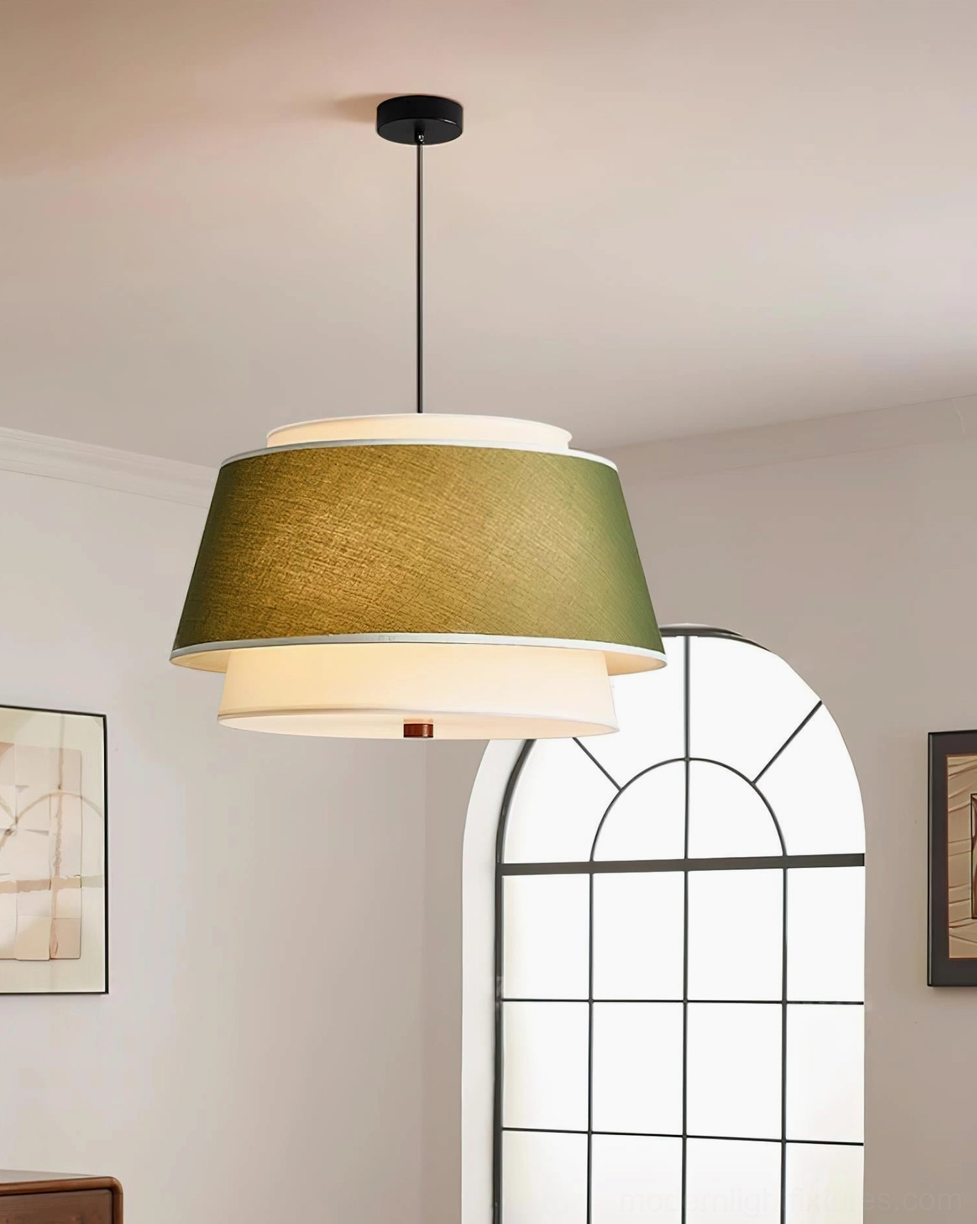 Two-tier Scandinavian pendant lamp close-up detail of fabric shade quality and construction