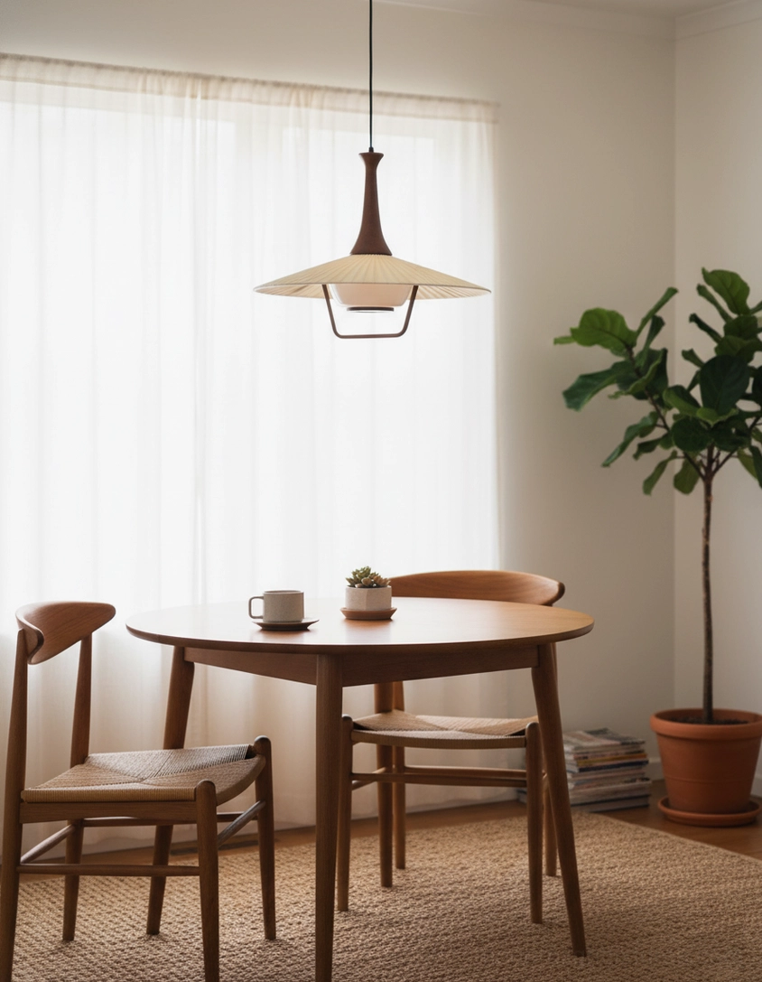 Scandinavian style pleated pendant lamp above side table with candle holder and home décor