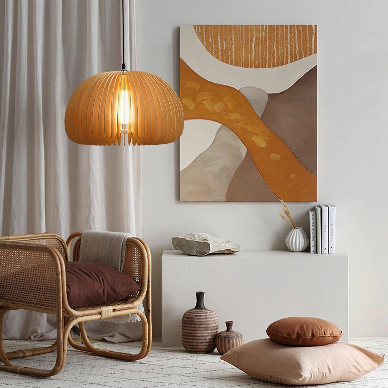 Wood pumpkin hanging light with contemporary Scandinavian design aesthetic