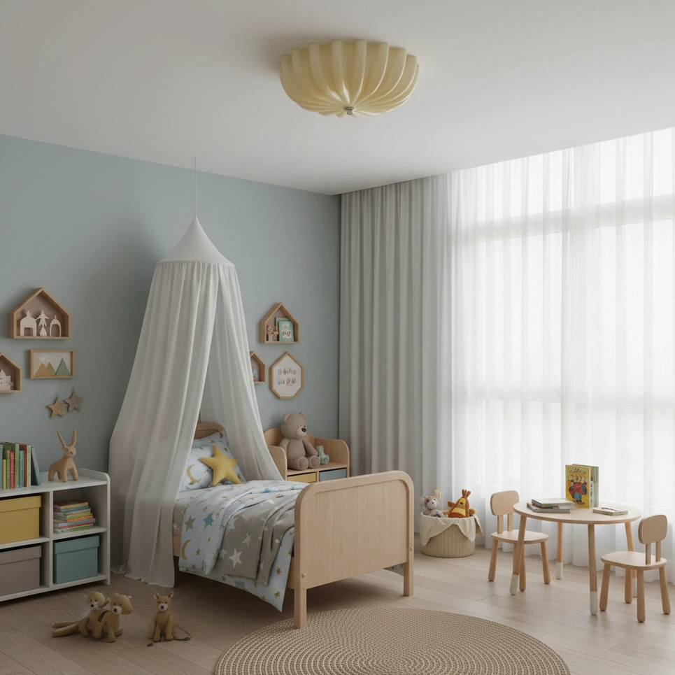 Modern shell ceiling light fixture in Scandinavian kids bedroom, flush mount installation with neutral warm decor