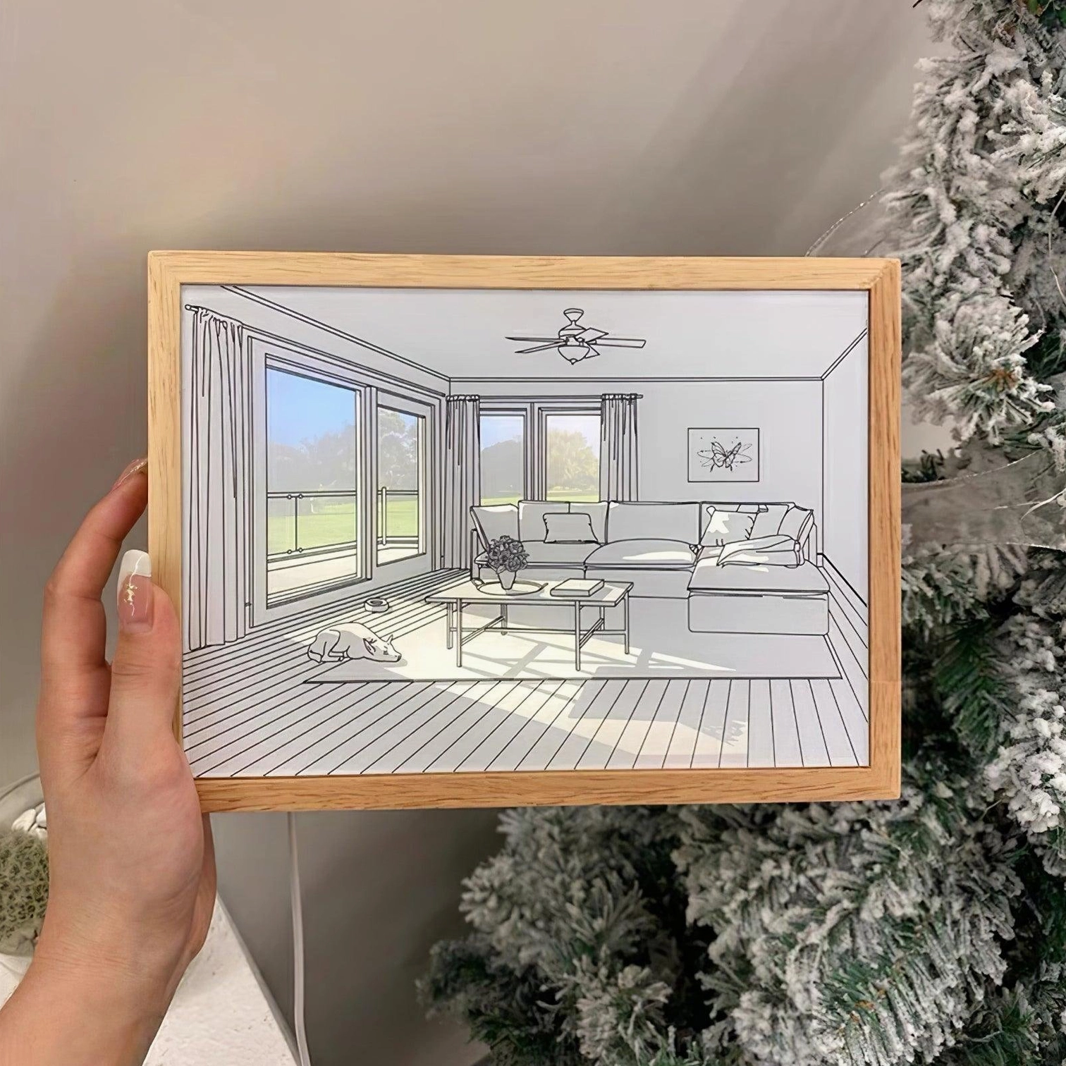 Modern acrylic art light with natural wood frame in Scandinavian interior style