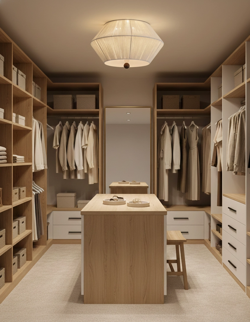 Tapered fabric ceiling light with warm neutral tones complementing Scandinavian-inspired interior design