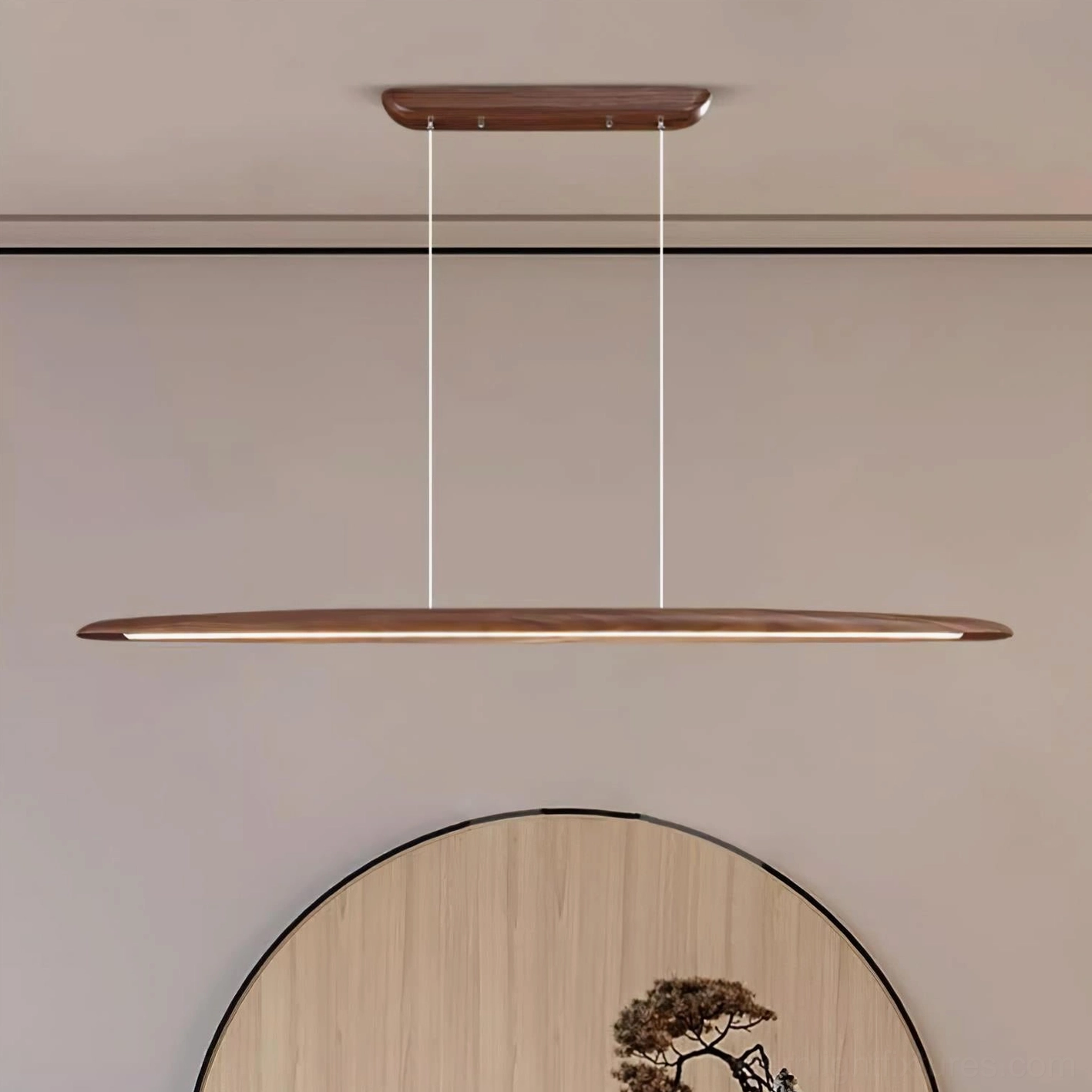 Contemporary minimalist LED pendant chandelier showing sleek elongated form and warm white light distribution