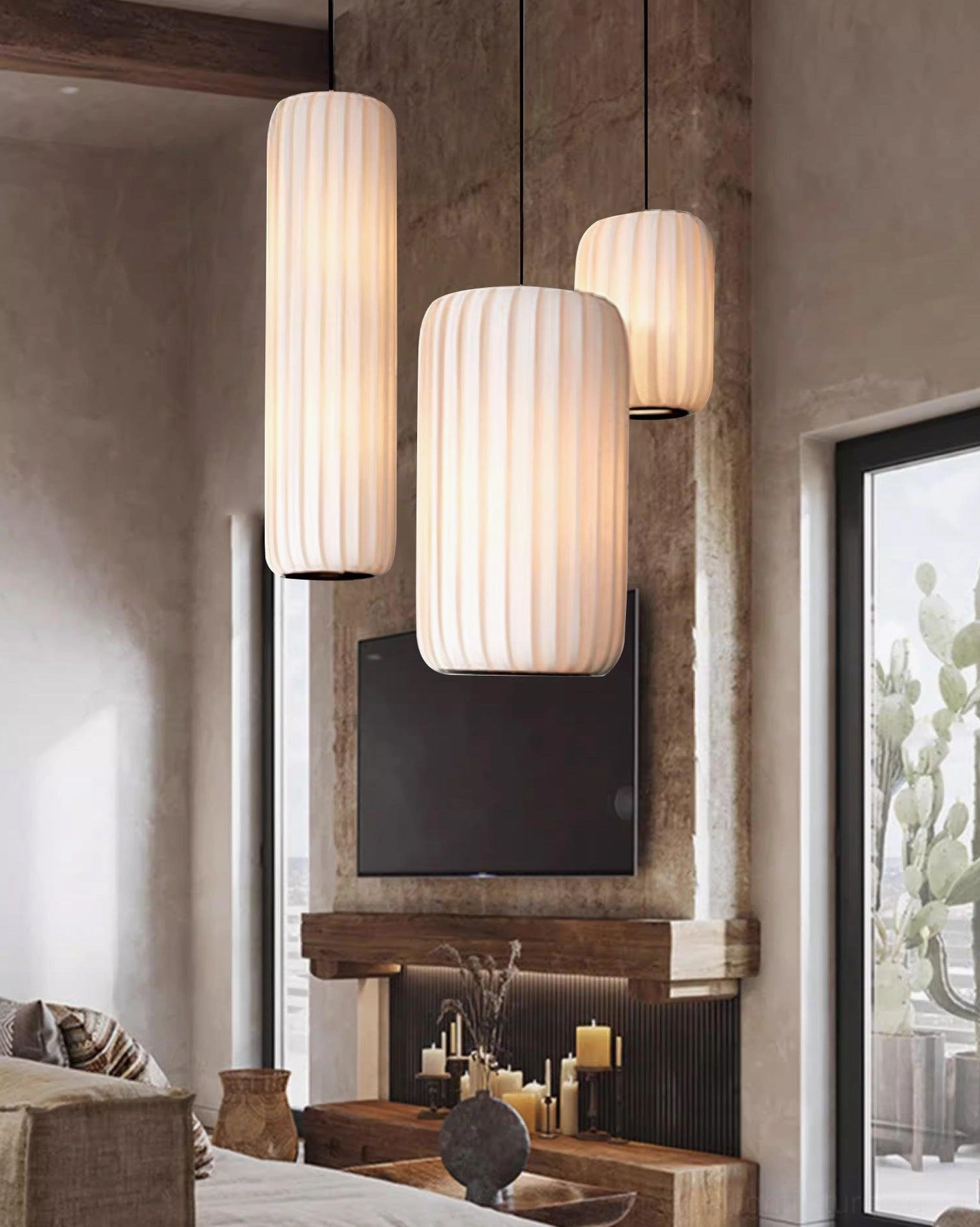 Contemporary white pendant light fixture with ribbed shade in Scandinavian interior style