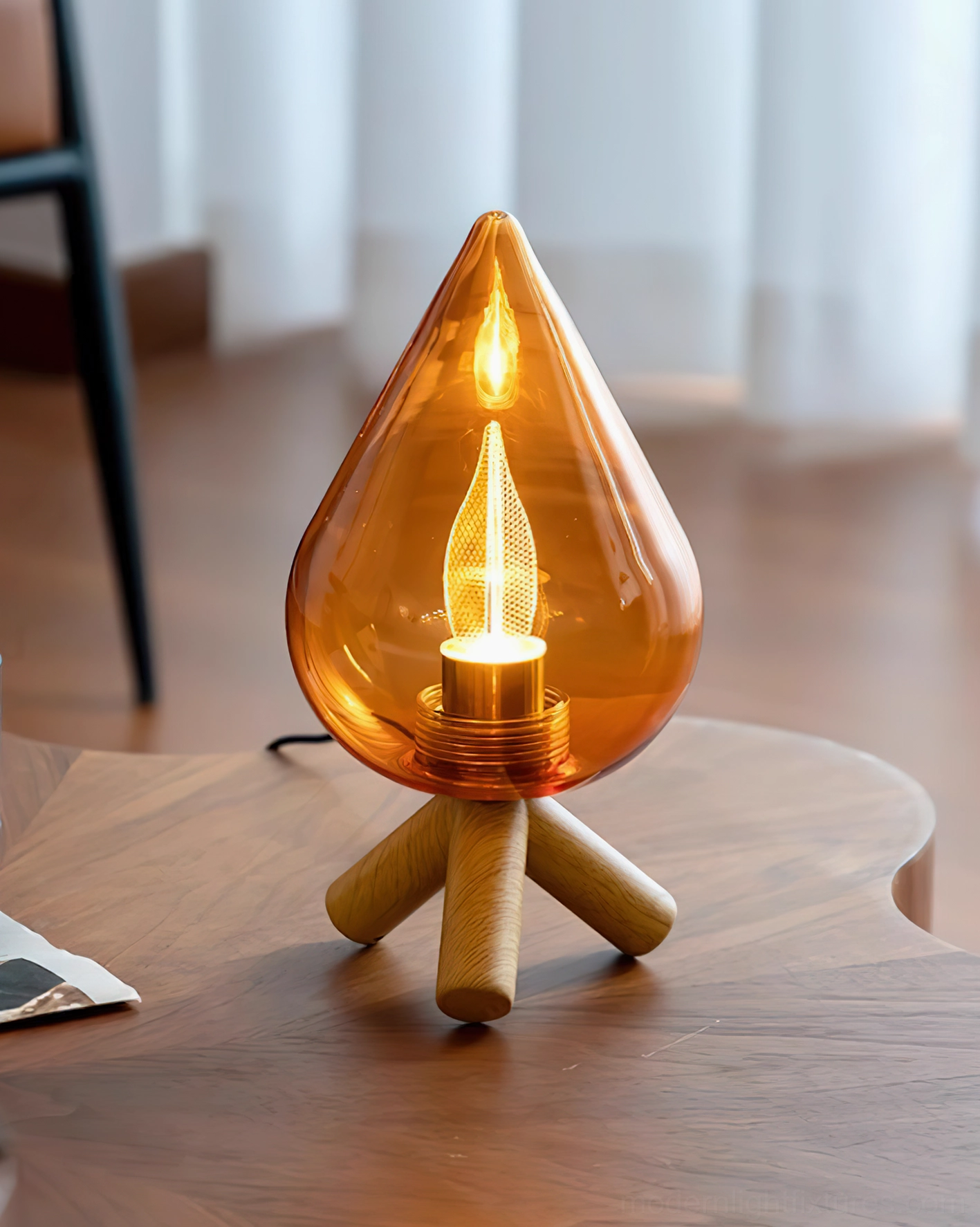 Nordic minimalist table lamp in sunlit living room with sheer curtains, natural wood base providing warm ambient lighting in modern interior
