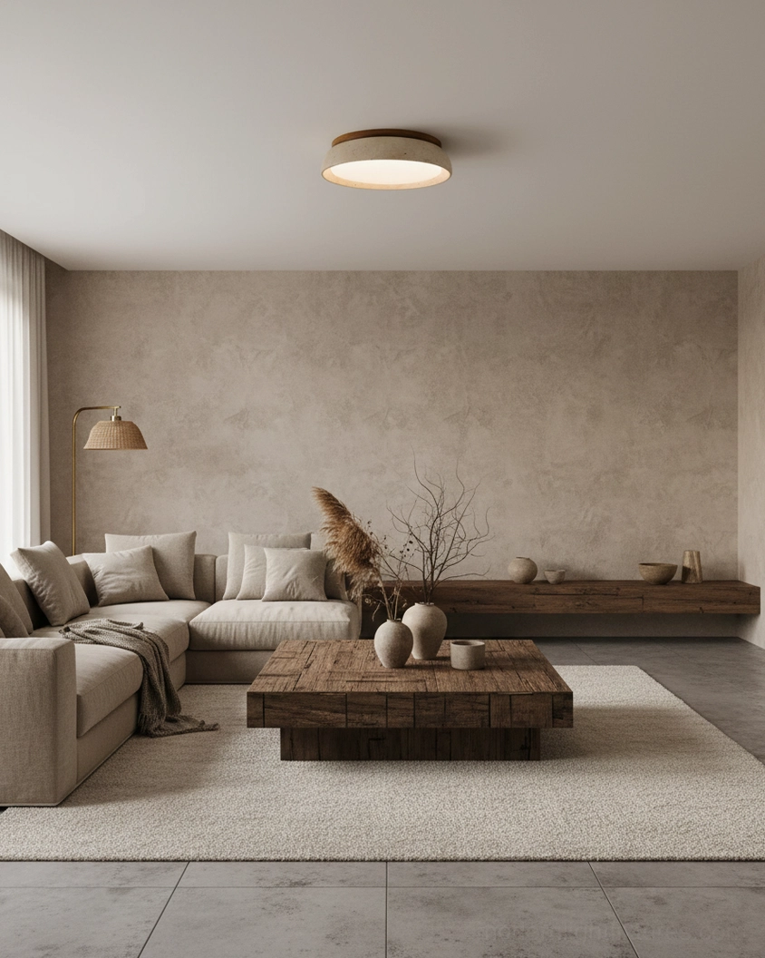 Piedra travertine ceiling light in Scandinavian interior with natural wood furniture and neutral palette
