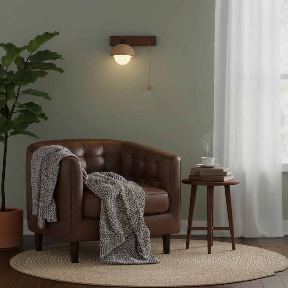 Scandinavian-inspired pull-chain wall lamp complementing japandi interior design style