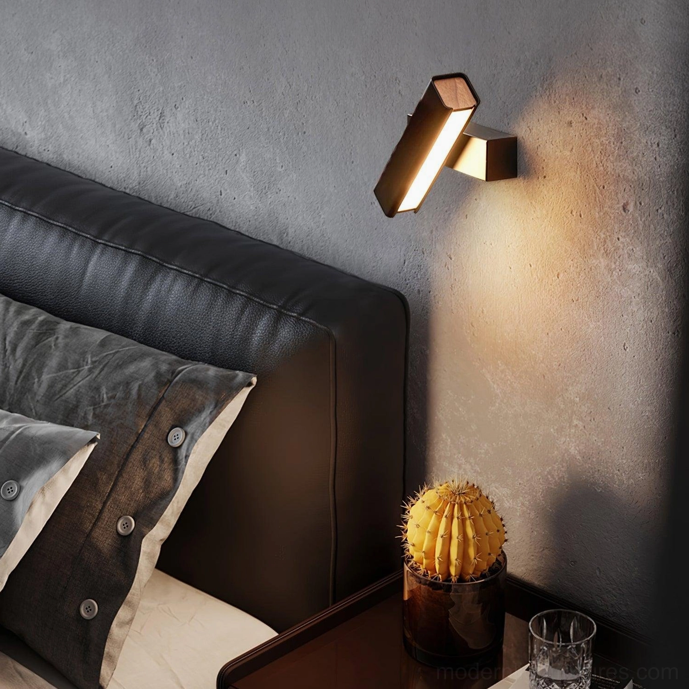 Scandinavian rotatable wall lamp showing adjustable head and warm ambient lighting in bedroom