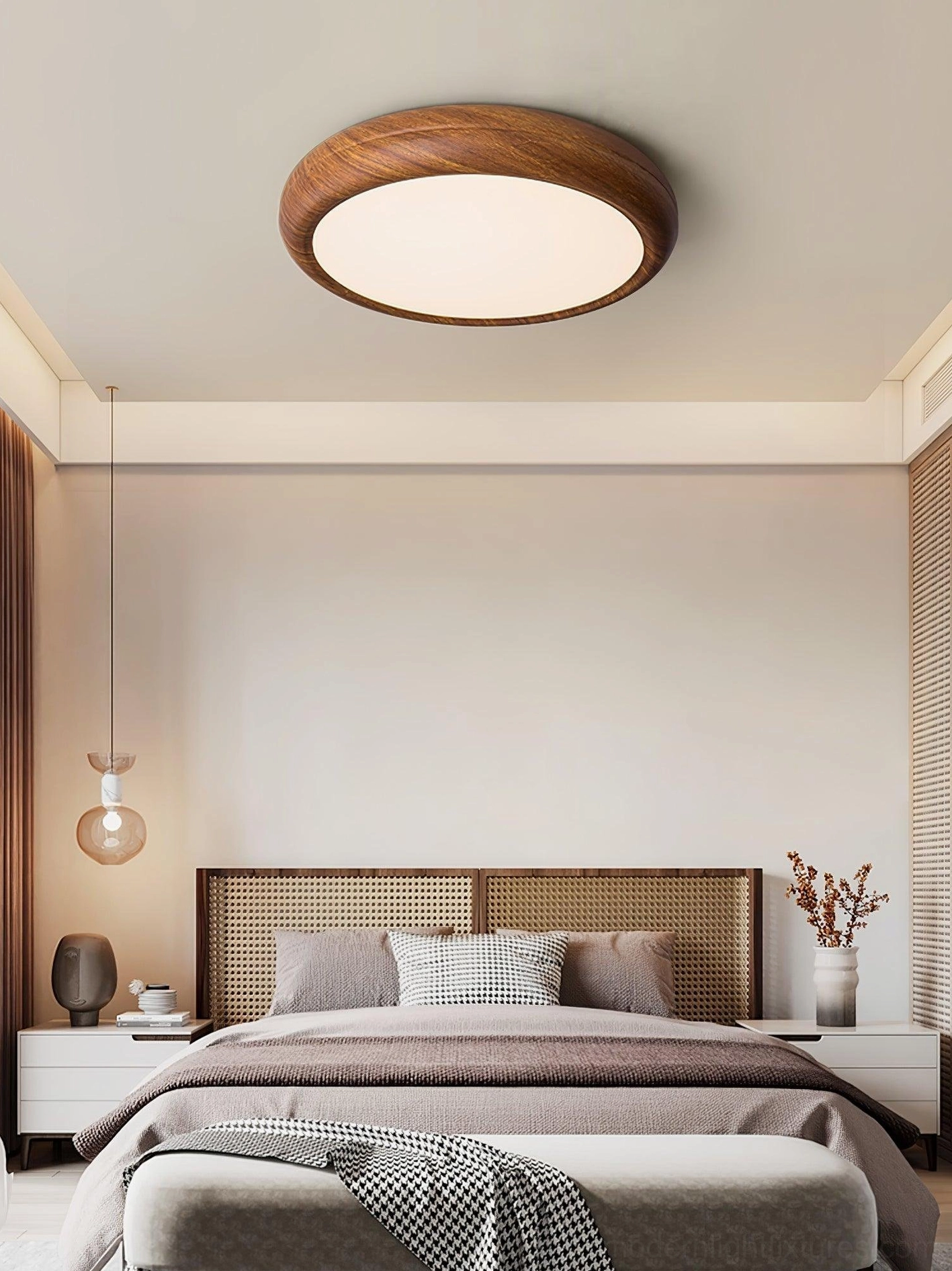 Walnut wood grain round ceiling light in minimalist bedroom, Scandinavian interior design aesthetic