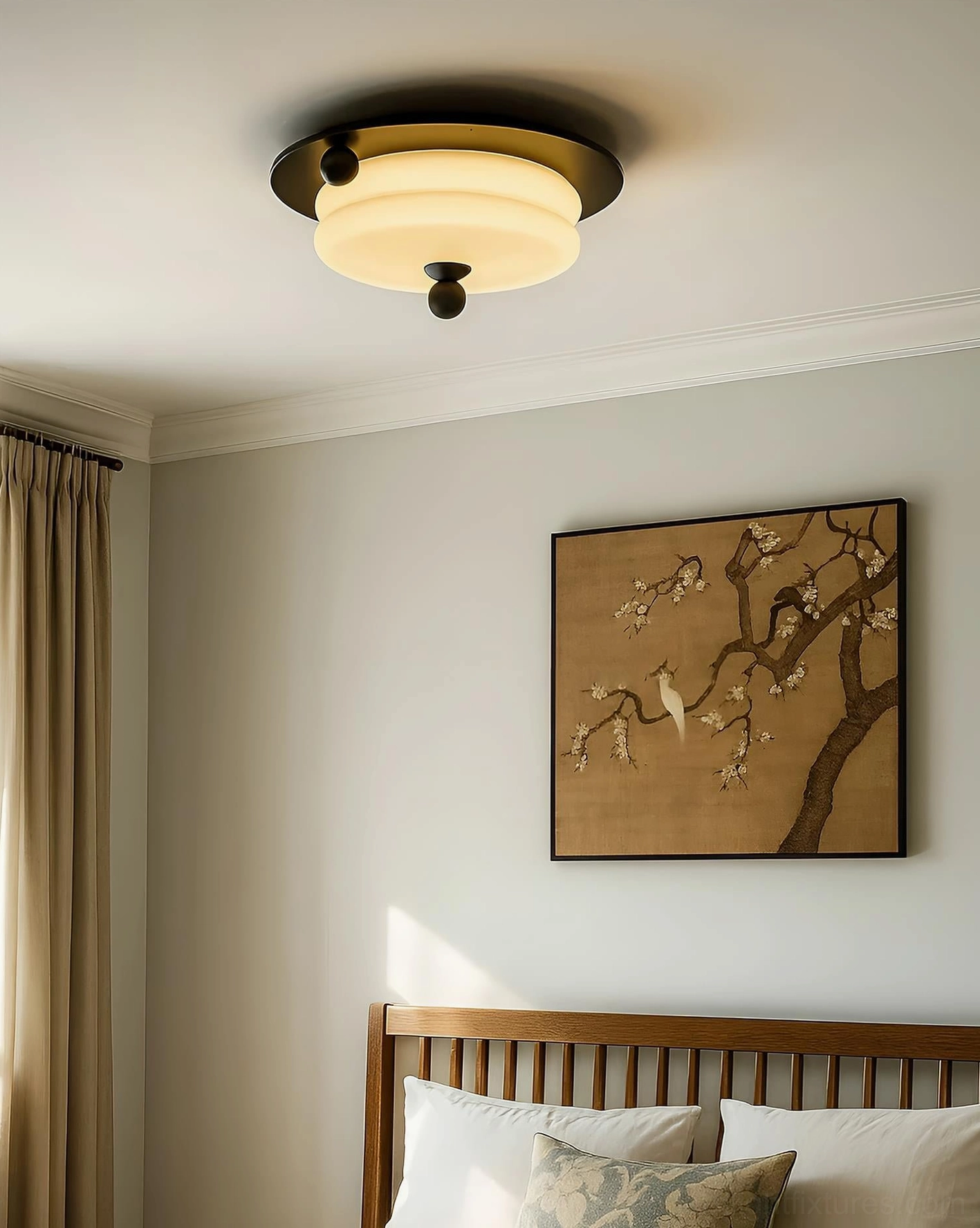 Scandinavian minimalist wood ceiling light fixture with neutral beige glass shade