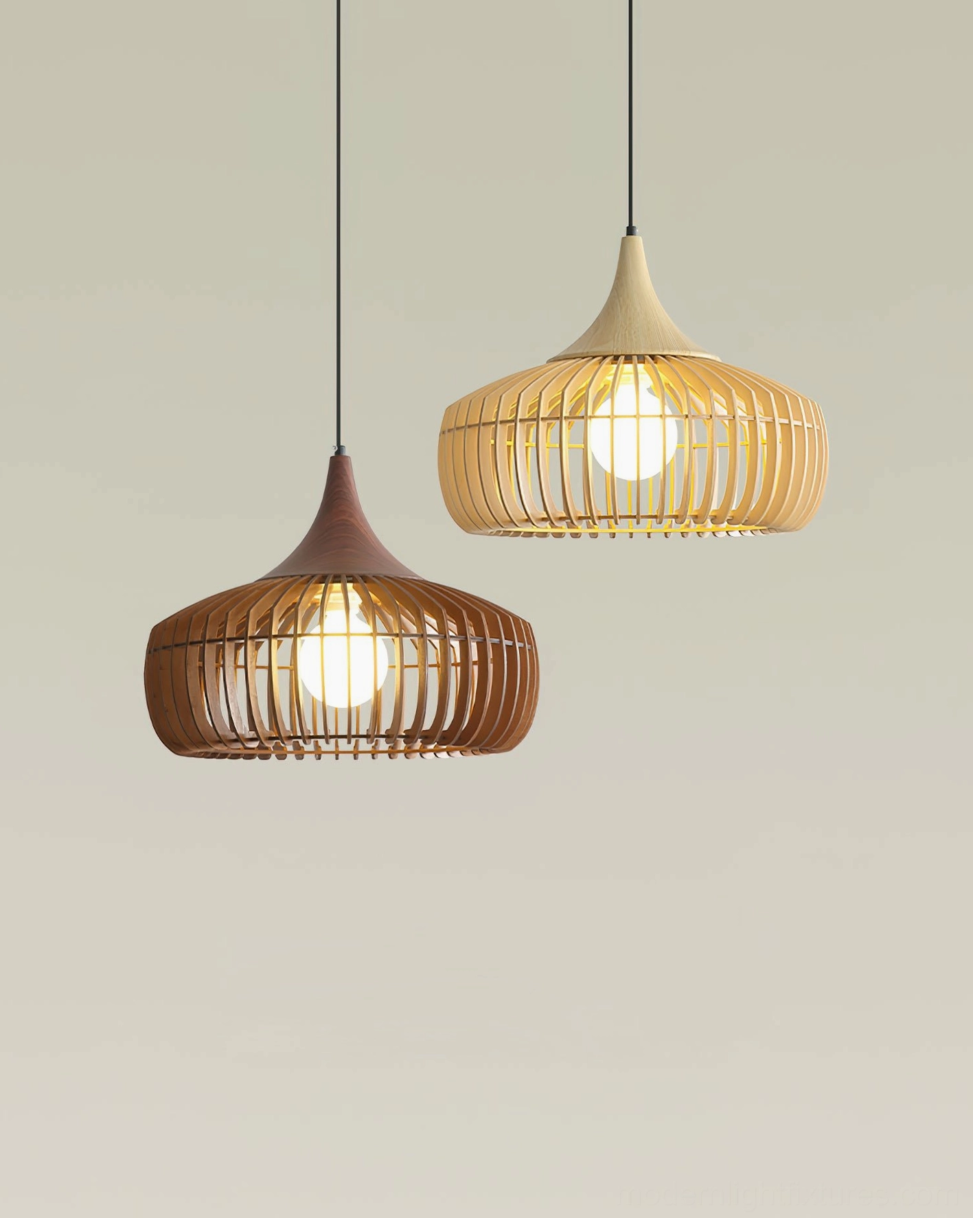 Natural wood pendant lamp in Scandinavian interior, warm ambient lighting effect through slats