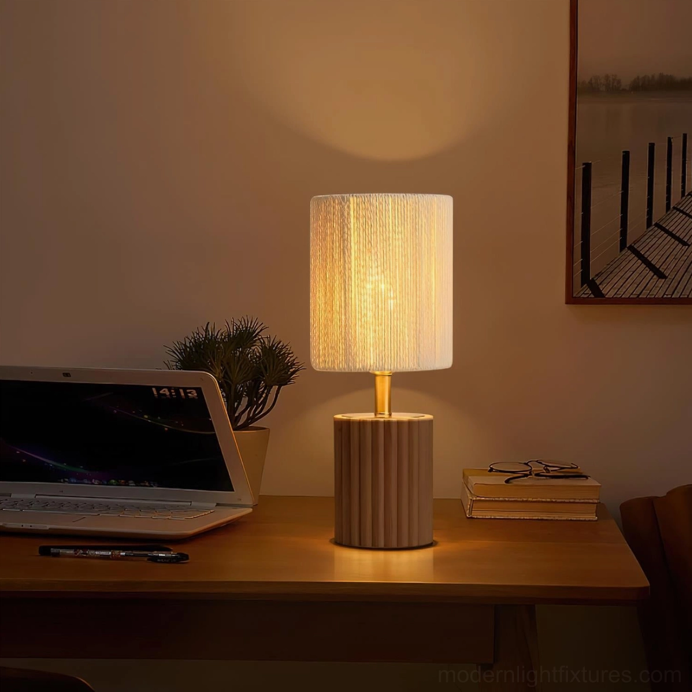 Scandinavian minimalist wooden table lamp with neutral beige tones interior design accent