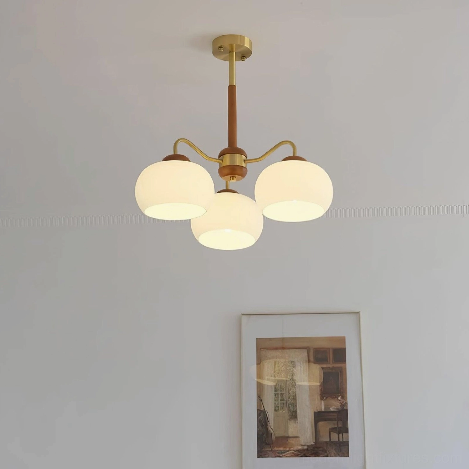 Minimalist Scandinavian wooden brass glass pendant light fixture for dining room or living space