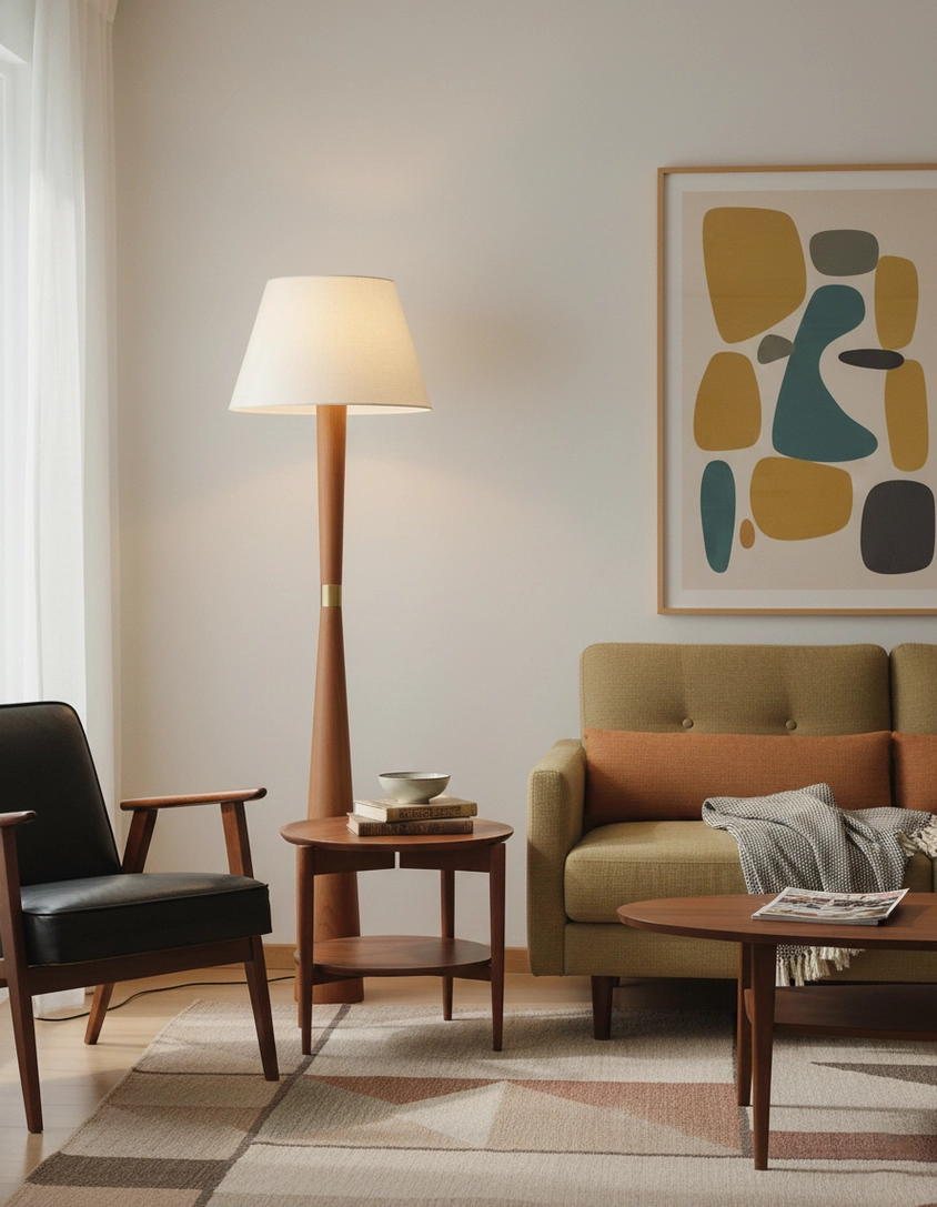 Contemporary minimalist floor lamp complementing mid-century modern living room with sofa and wall art